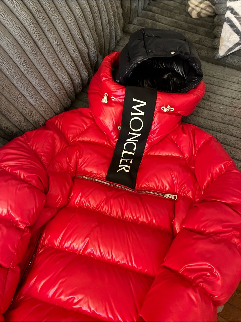 Moncler Red Puffer Jacket with Black Hood and Logo Placket